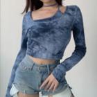 Mock Two-piece Long-sleeve Tie-dyed Cropped T-shirt