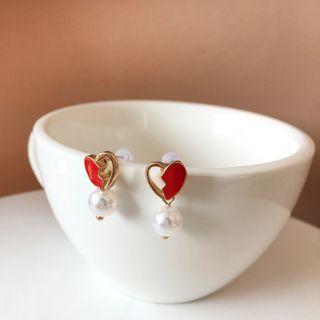 Faux Pearl Earring 1 Pair - S925 Silver - Red & White - One Size