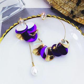 Non-matching Faux Pearl Disc Dangle Earring 1 Pair - Purple & Gold - One Size