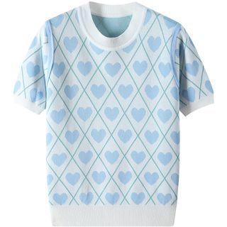 Short-sleeve Heart Pattern Knit Top Light Blue - One Size