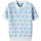 Short-sleeve Heart Pattern Knit Top Light Blue - One Size