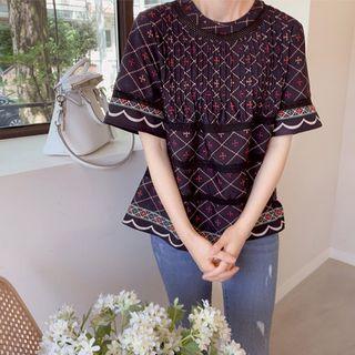 Lace-trim Pattern Top Black - One Size