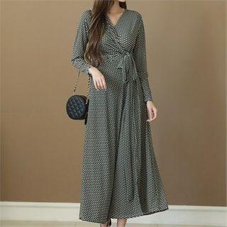 Pattern Maxi Surplice-wrap Dress Navy Blue - One Size