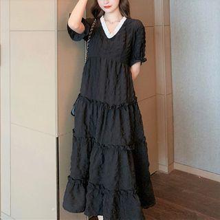 Two-tone Lace Puff-sleeve Dress Black - One Size