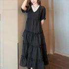 Two-tone Lace Puff-sleeve Dress Black - One Size