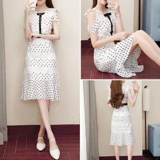 Dotted Cold-shoulder Ruffle Hem A-line Dress