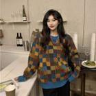 Color Block Check Sweater Plaid - Blue & Coffee - One Size