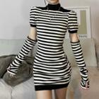 Set: Short-sleeve Mock-neck Striped Knit Mini Bodycon Dress + Arm Sleeves