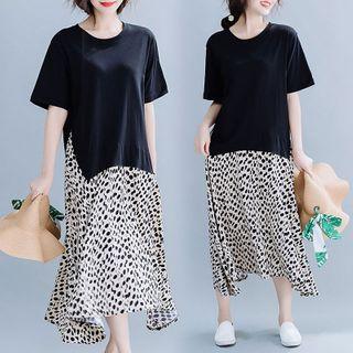 Short-sleeve Leopard Print Panel Midi A-line Dress Black - One Size