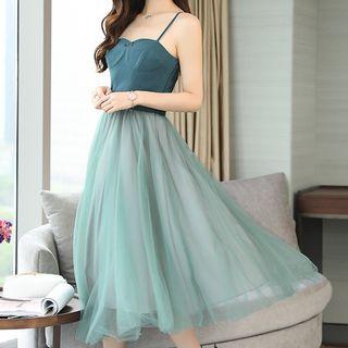 Spaghetti Strap Mesh Overlay Midi Dress