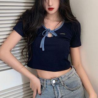 Short-sleeve Tied Cropped T-shirt Navy Blue - One Size