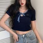 Short-sleeve Tied Cropped T-shirt Navy Blue - One Size
