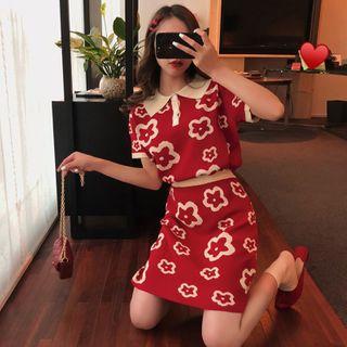 Set: Short-sleeve Jacquard Knit Polo Shirt + Mini A-line Skirt