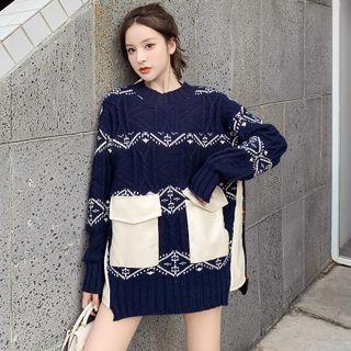 Flap Pocket Plaid Panel Sweater