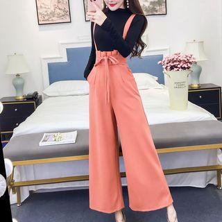 Set: Long-sleeve Mock-neck T-shirt + Wide-leg Suspender Pants