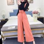 Set: Long-sleeve Mock-neck T-shirt + Wide-leg Suspender Pants