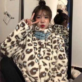Stand-collar Leopard Print Furry Jacket Leopard Print - One Size
