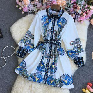 Long-sleeve Floral A-line Dress Blue - One Size