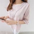 Elbow-sleeve Frill-cuff Embroidered Top
