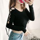 Lace-up Knit Top Black - One Size