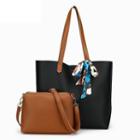 Set: Faux Leather Tote Bag + Printed Scarf + Crossbody Bag