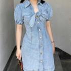 Tie-front Puff-sleeve Slim-cut Denim Dress