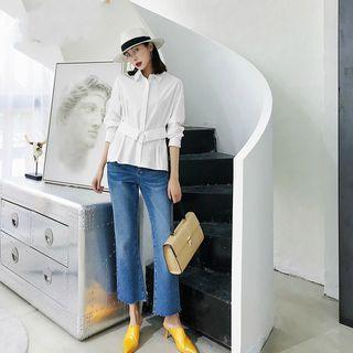 Long-sleeve Round Buckled Plain Blouse