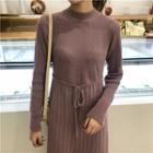 Long-sleeve Mock Neck Midi Pleated Knit Dress