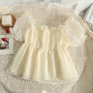Off-shoulder Mesh Crop Top Almond - One Size