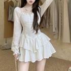 Long-sleeve Layered Eyelet Lace A-line Mini Dress