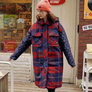 Hooded Contrast-sleeve Plaid Shirt Jacket Navy Blue - One Size