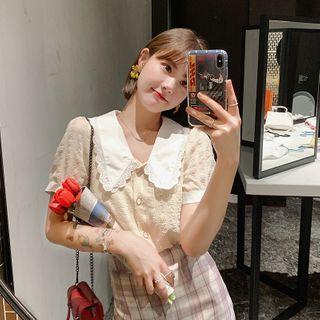 Collared Short-sleeve Blouse / Plaid Mini Pencil Skirt / Set