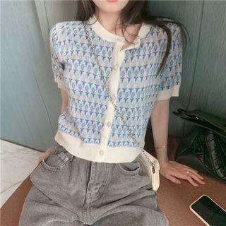 Short-sleeve Flower Print Knit Top White & Blue - One Size