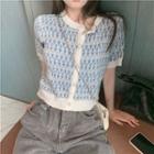 Short-sleeve Flower Print Knit Top White & Blue - One Size