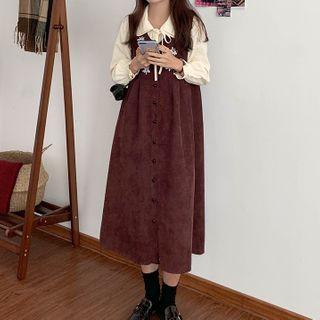 Sleeveless Floral Embroidered Midi Dress / Plain Blouse