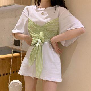 Mock Two-piece Elbow-sleeve Paneled Mini T-shirt Dress