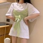 Mock Two-piece Elbow-sleeve Paneled Mini T-shirt Dress
