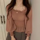 Square-neck Shirred Long-sleeve Top As Shown In Figure - One Size