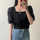 Puff-sleeve Buttoned Lace Trim Crop Top