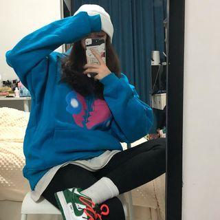 Heart Print Hoodie Blue - One Size