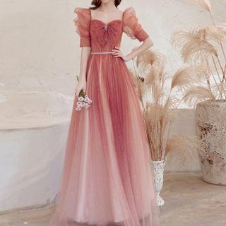 Puff-sleeve Rhinestone Mesh A-line Evening Gown