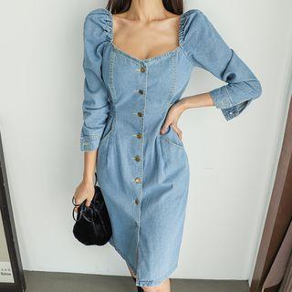 Button-through Denim Sheath Dress Light Blue - One Size