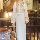 Set: Long-sleeve Bow Lace Trim Midi A-line Qipao Dress + Fluffy Trim Vest