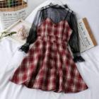 Set : Plaid High Waist Vest Dress + Perspective Mesh Top