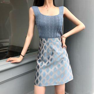 Plain Cropped Knit Tank Top / Pattern High-waist Skirt