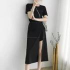 Set: Short-sleeve Slit Midi A-line Dress + Shorts