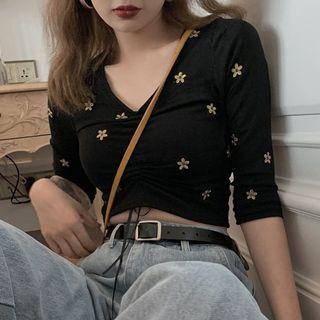 Embroidered V-neck Drawstring T-shirt