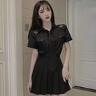 Short-sleeve Tie-neck Shirt / Plain Mini Skirt / Set