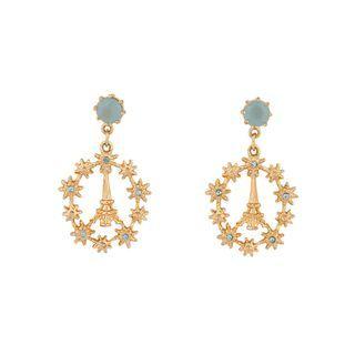 Fashion And Simple Plated Gold Paris Tower Flower Circle Earrings With Lake Blue Cubic Zirconia Golden - One Size