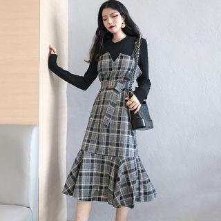 Plain Long-sleeve T-shirt / Plaid Spaghetti Strap Midi A-line Dress